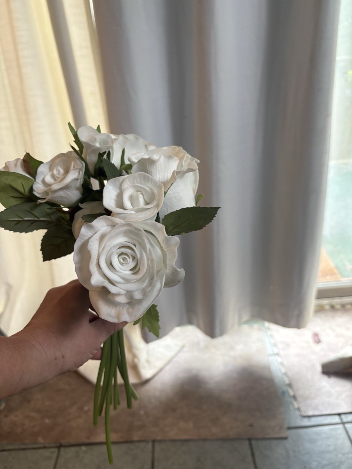 Lot of 4 Bouquets 13”Real Touch White Roses Wired Artificial Flowers Latex 34PC