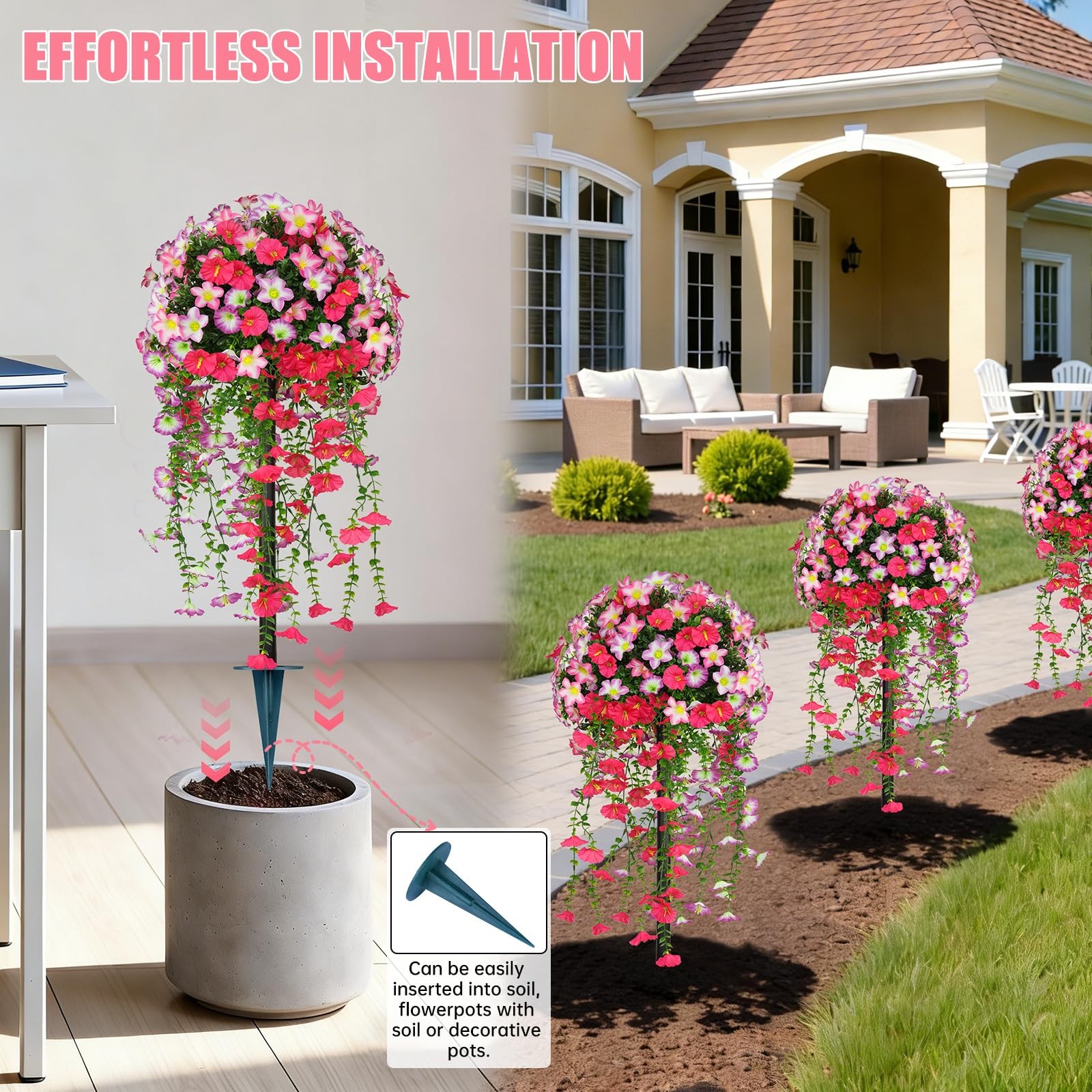 Yangrass Artificial Topiary Ball Trees with Pink Morning Glory Flowers, 3FT F…