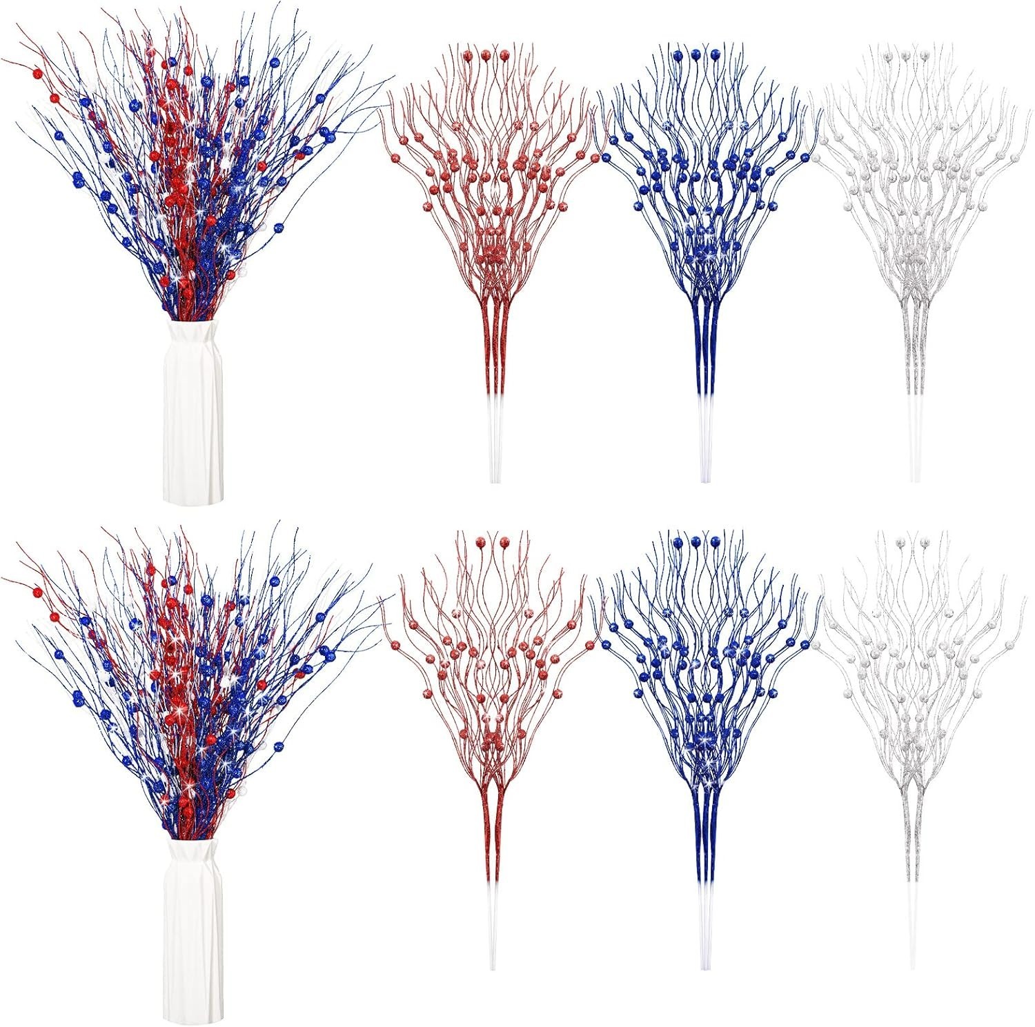 16 Pack Red White and Blue Artificial Flowers 17 Inches 4Th of July Glitter Stic