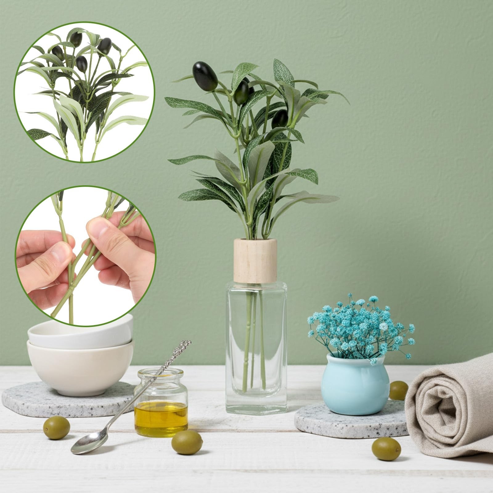 10.23″ Artificial Olive Leaves Stems, 10 Sticks Fake Olive Branches for Vases…