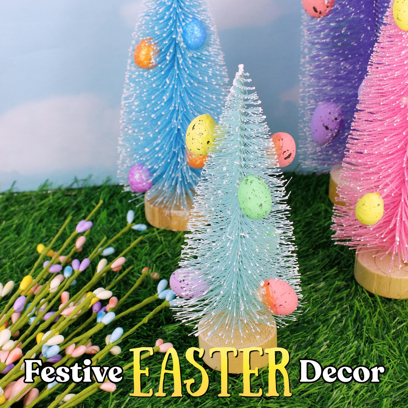 Mint Green Bottle Brush Tree Wooden Base Egg Accents Easter 6 Inch 3 PCS