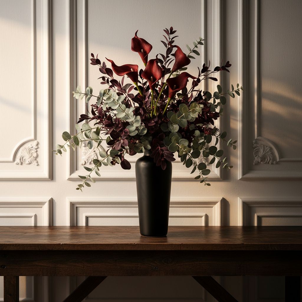 Burgundy Calla Lily Stems Faux Floral Bouquet Wine Red Flowers 5 Stem Bunch Mood
