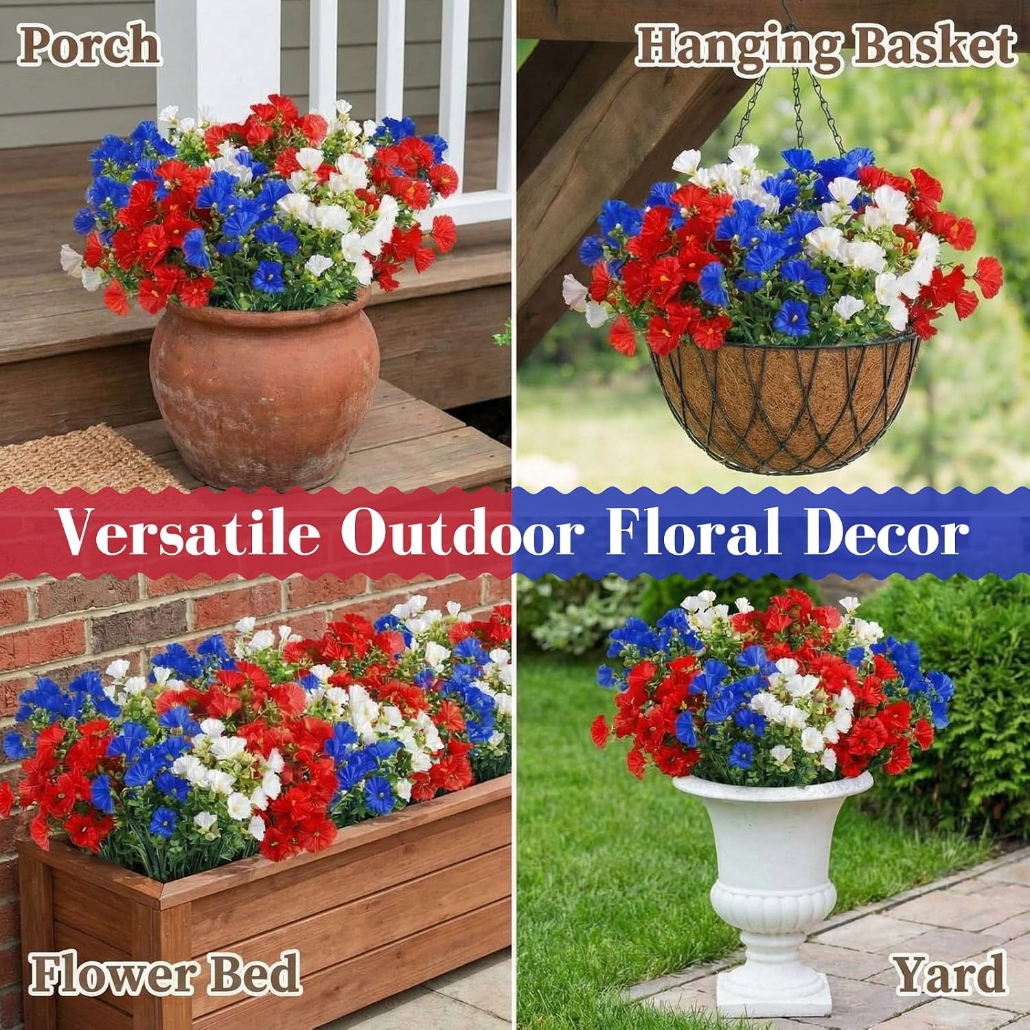 12 Pcs Red White Blue Artificial Flower Outdoor UV Resistant Petunias Patriotic