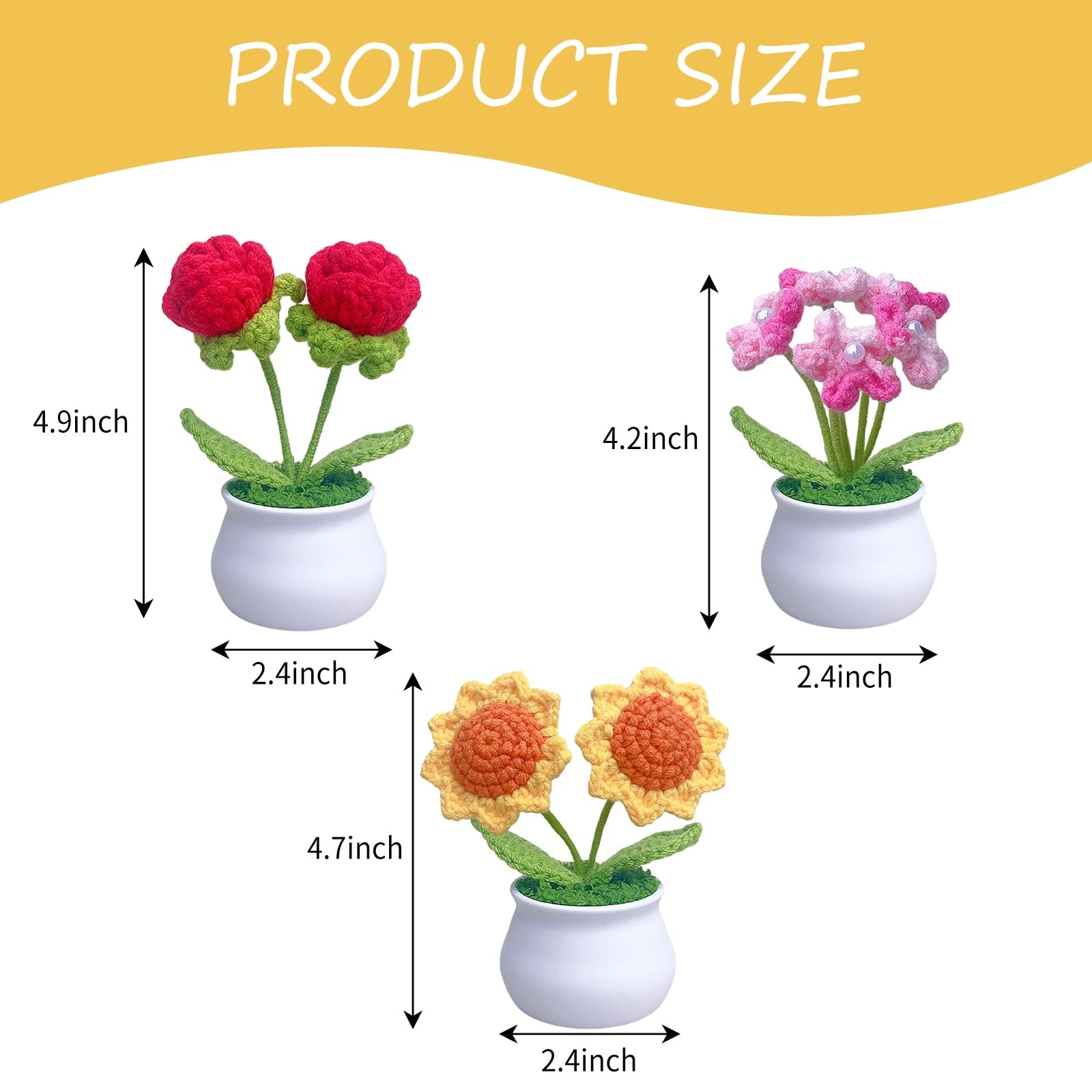 3 PCS Crochet Flower Pot Sunflower Red Rose Forget Me Not Small Potted Plants