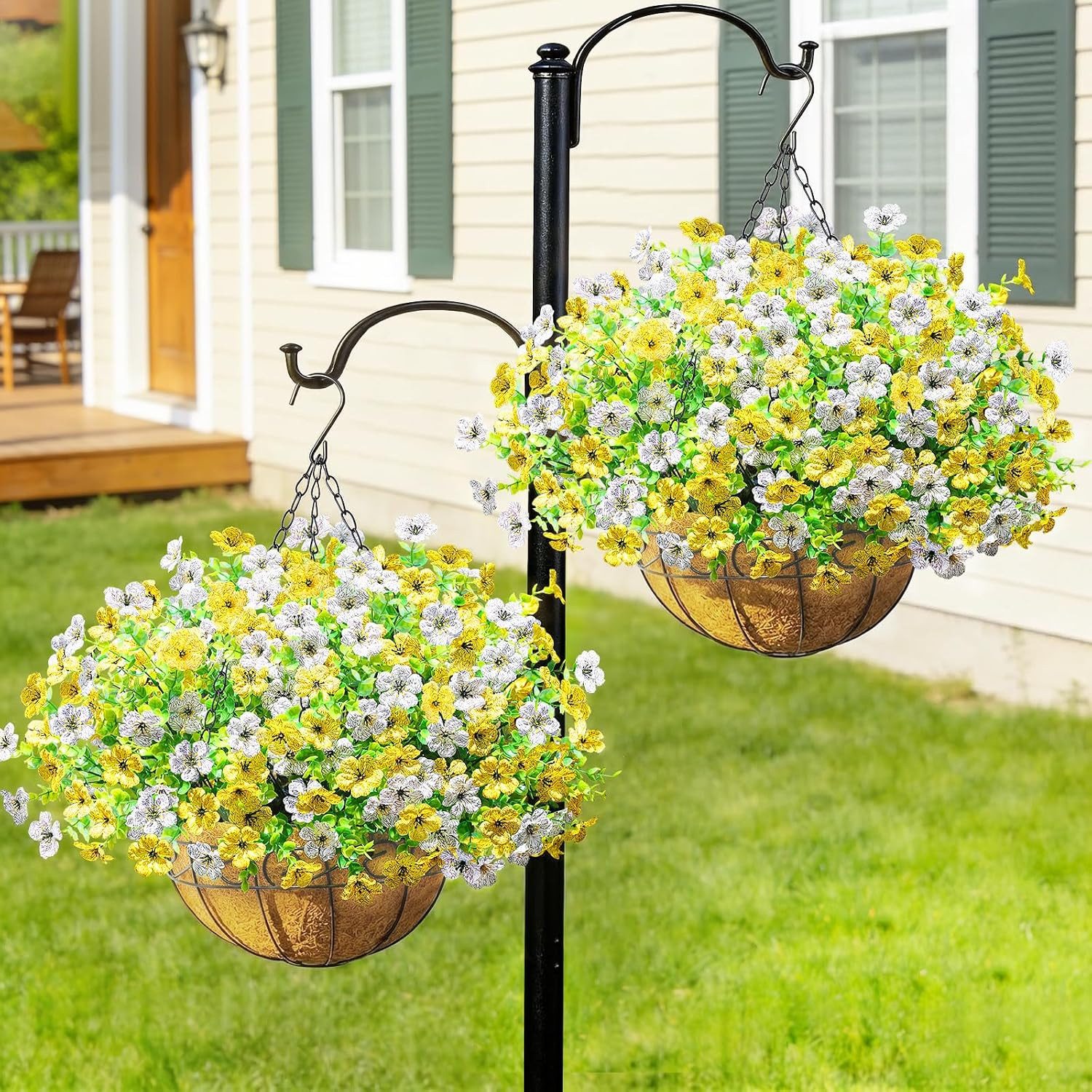 2 Pack UV Resistant Faux Hanging Flower Baskets for Outdoor Decor (Yellow White)