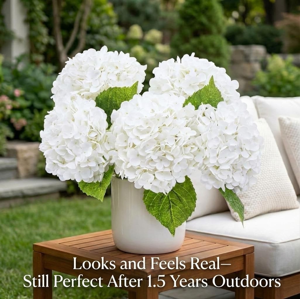 21″ Realistic White Hydrangea Faux Flowers – Long Stem, Full Latex, 3Pcs for Hom