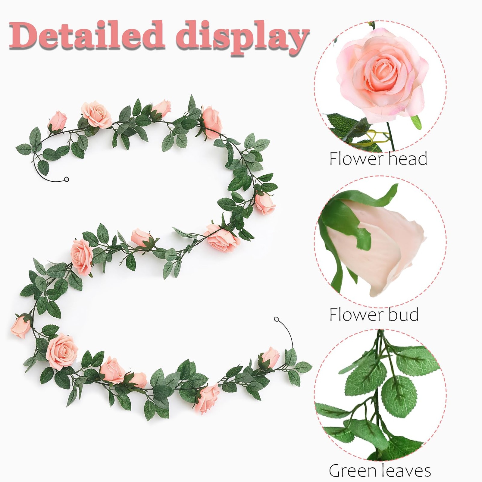 2 Pack Pink Artificial Flower Garland, Each 6.5FT Fake Rose Vines, Hanging Fl…
