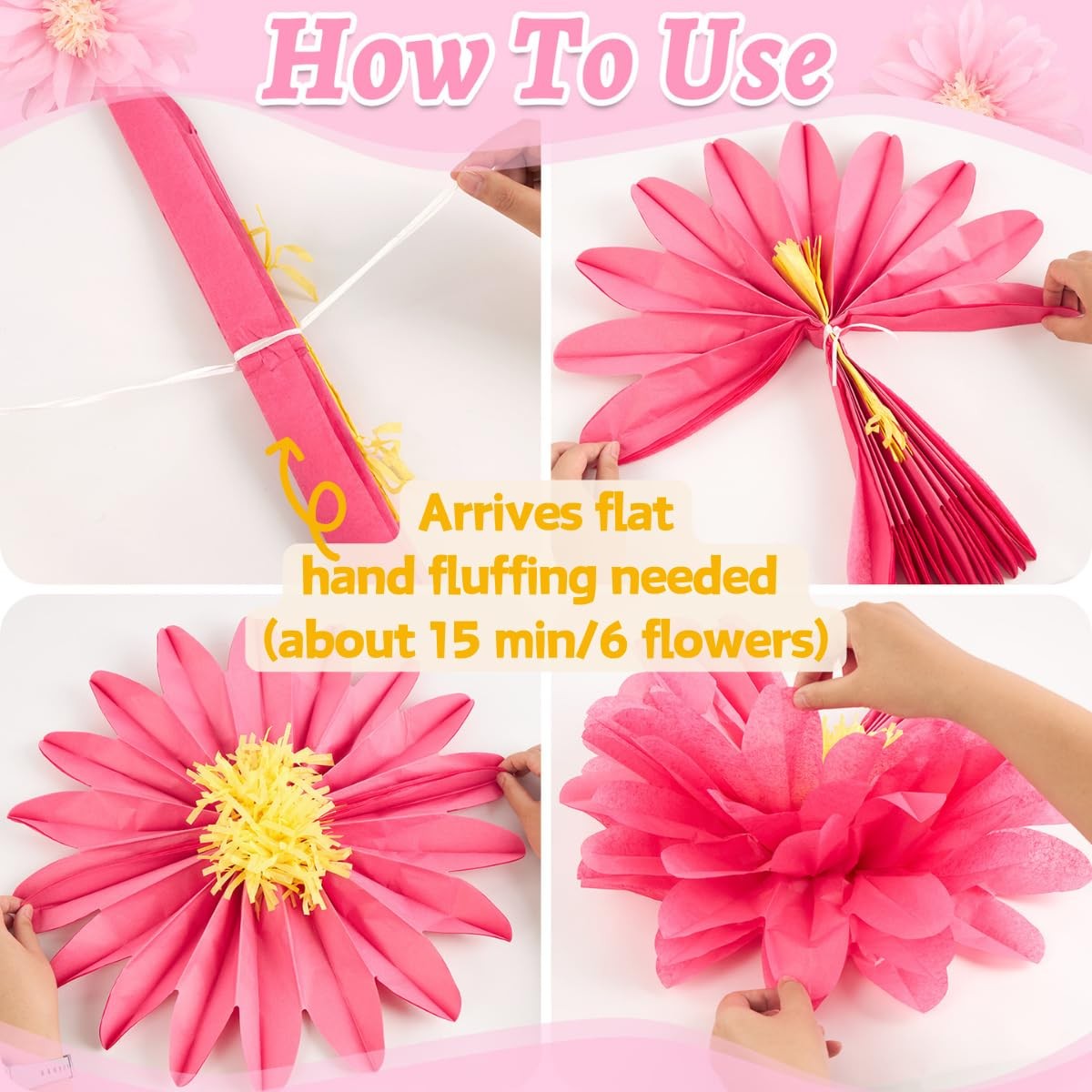 Pink Large Tissue Paper Flowers Party Decorations Birthday Backdrop 20 Inch 6PCS
