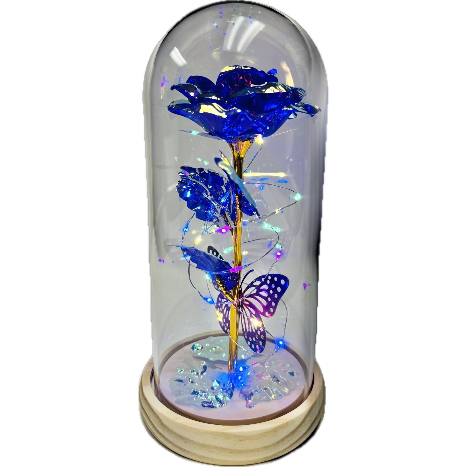 Qunpon LED Blue Rose Gold Foil Glass Dome Light Up Flower Just For You Gift NEW