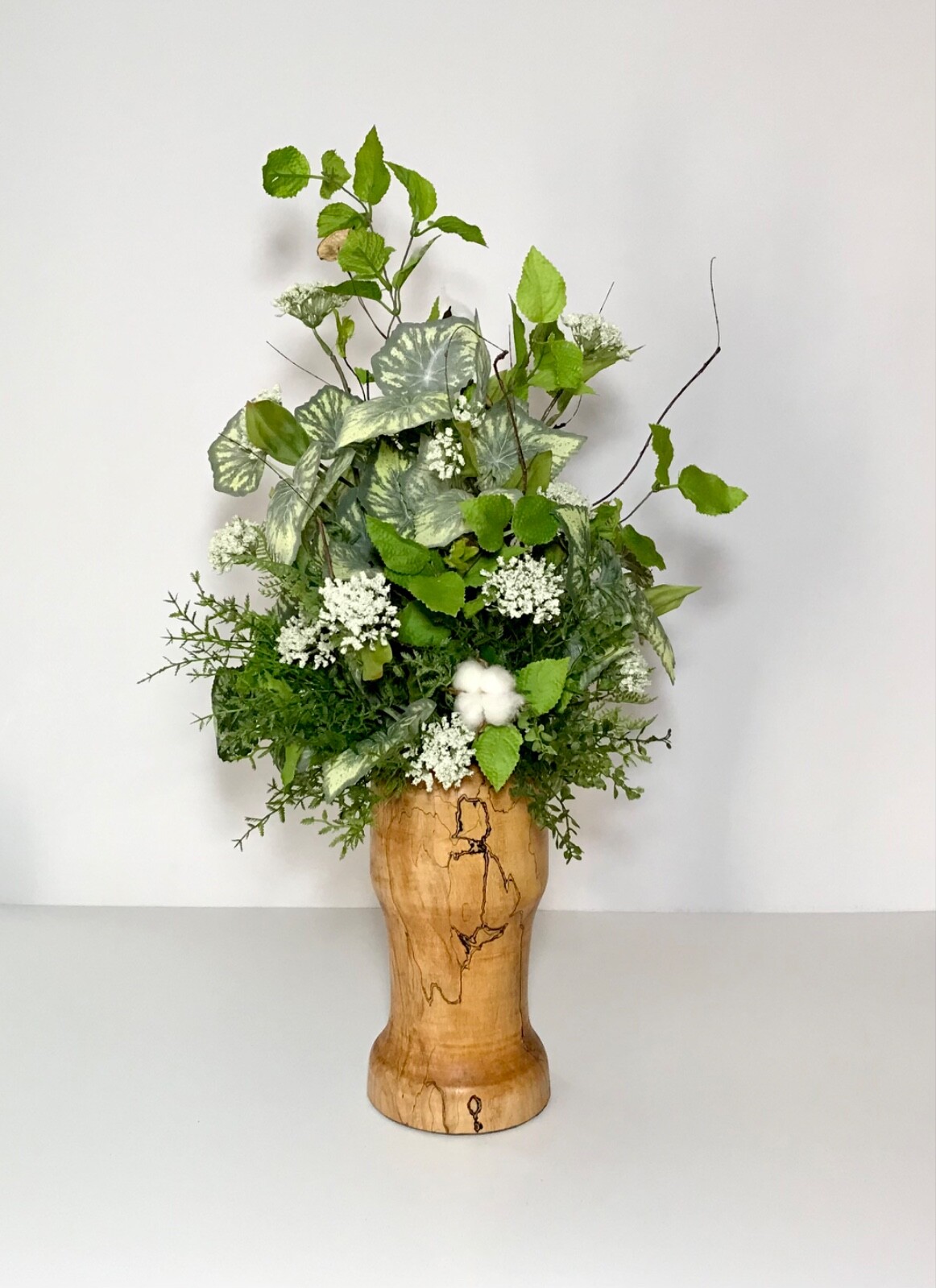 EVERYDAY YEAR ROUND FLORAL COTTON STEMS ARRANGEMENT WOOD COLUMN CENTERPIECE NEW