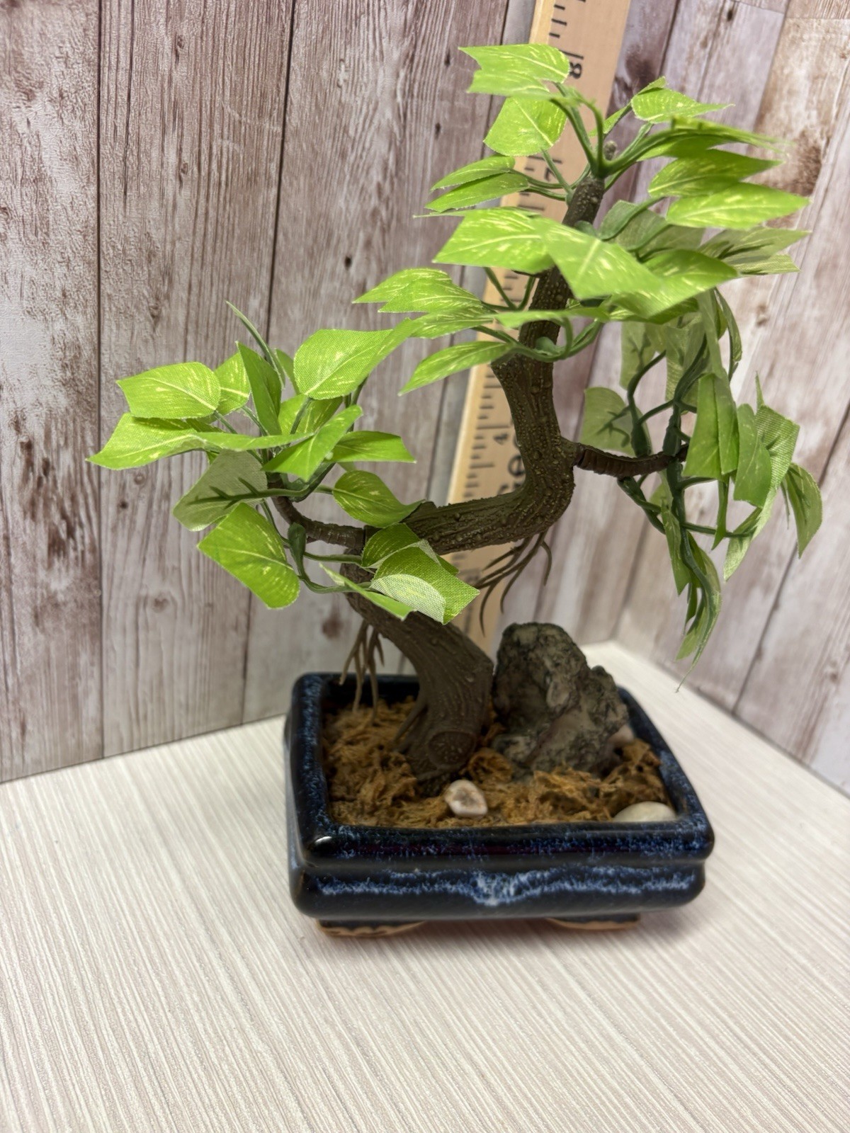 Artificial Bonsai Tree 8” Faux Plant In Vintage Blue 4×3 Pot FREE SHIPPING
