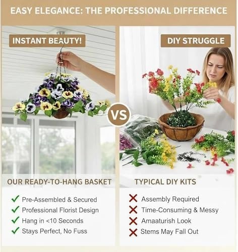 Fully Assembled Artificial Pansy Hanging Basket – Waterproof & UV Resistant