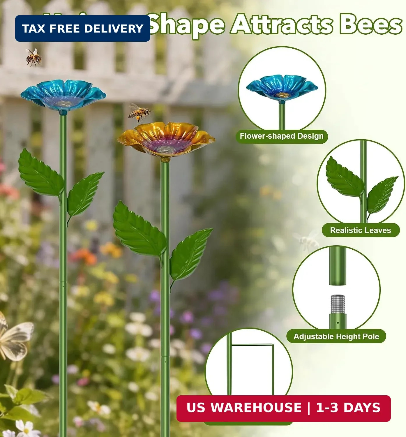 Bee Watering Station for Garden, 2 Pack Metal Bee Bath Bowl Colorful Butterfly F