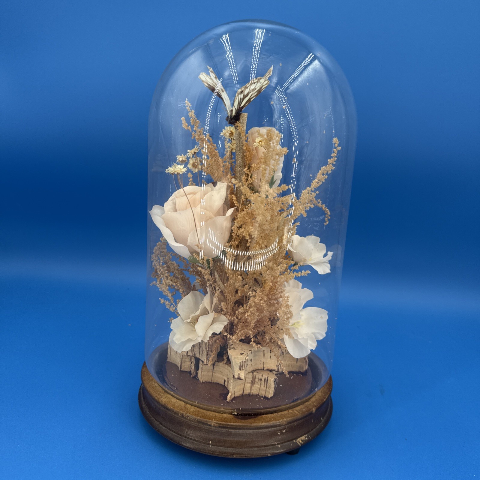 Vintage Butterfly & Flowers Under Glass Dome Wood Base