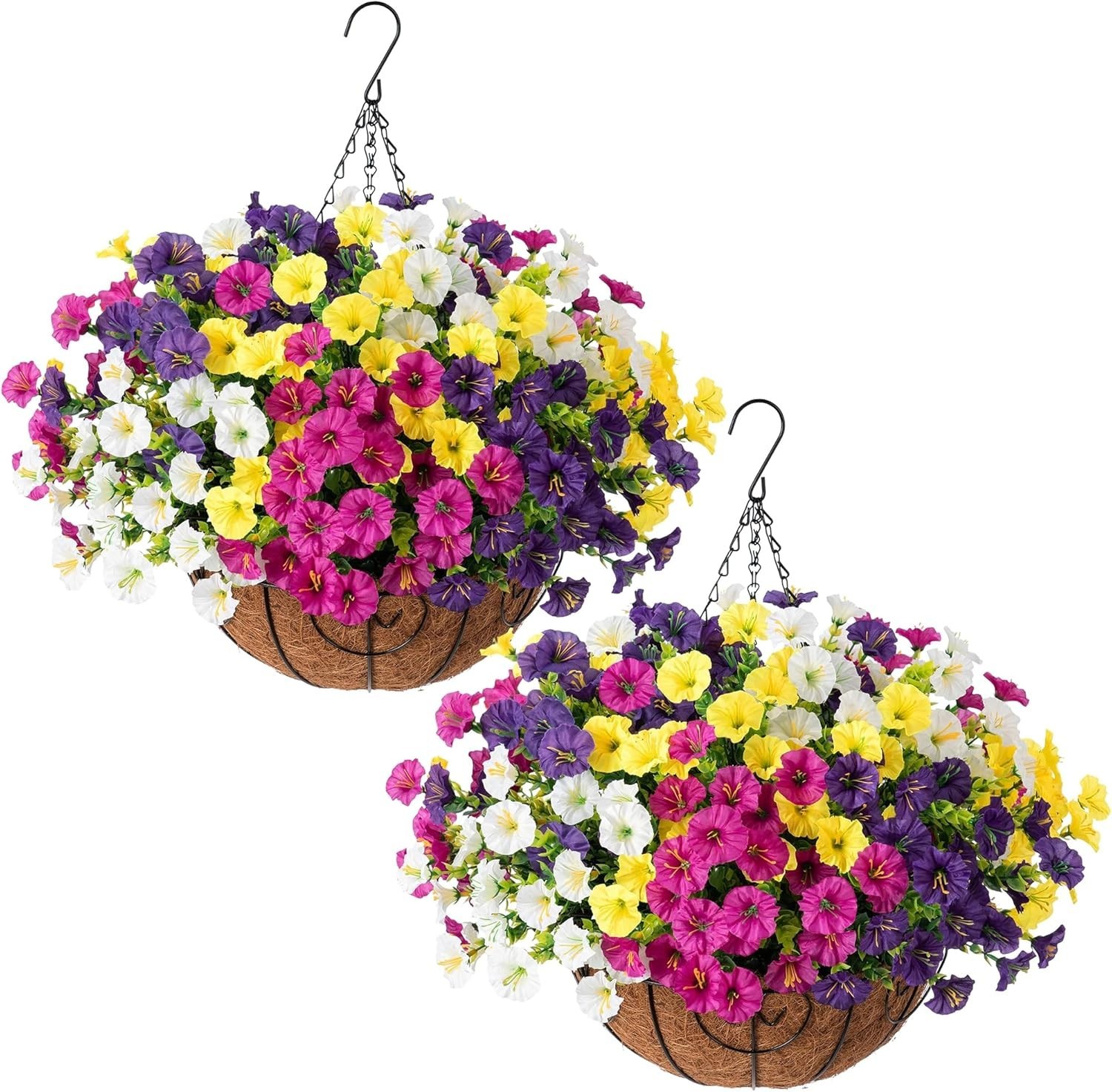 2 Set Artificial Fake Hanging Flowers Plants Baskets for Outdoors Spring outside