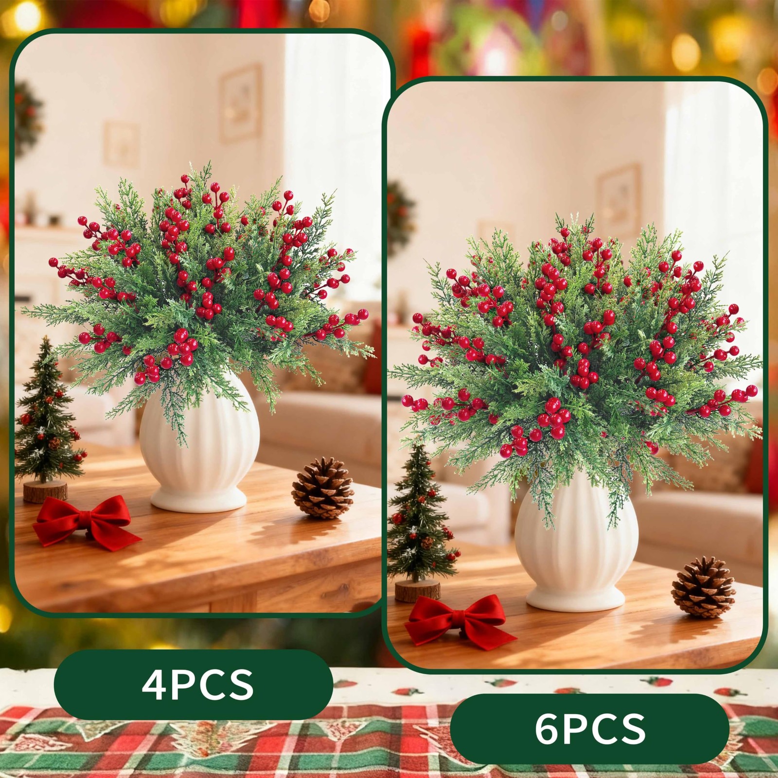 4 Bundles 84 Pcs Christmas Artificial Flowers,Faux Norfolk Pine Branches with…