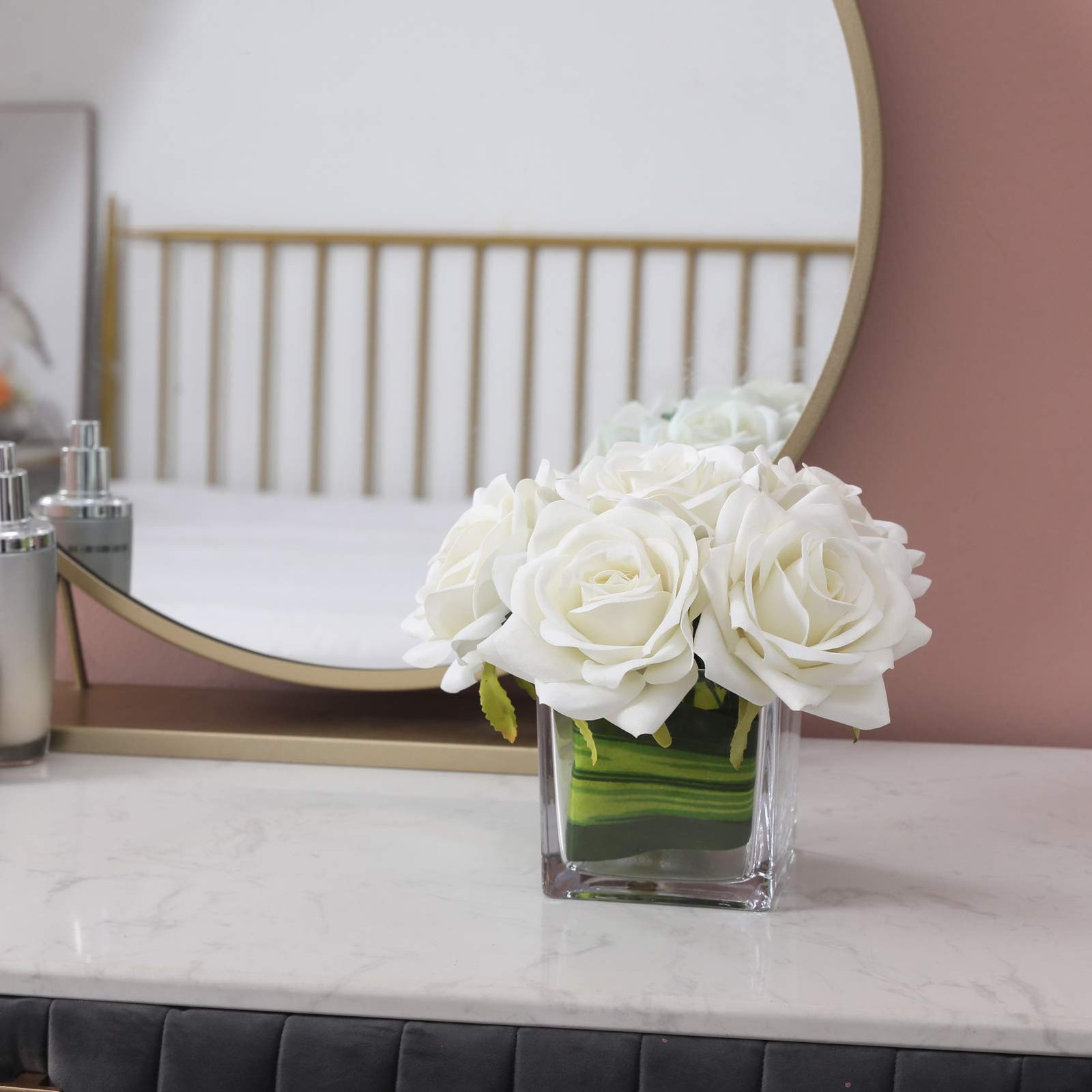 Artificial Velvet Rose Flower Centerpiece Arrangement in Vase Ivory Rose