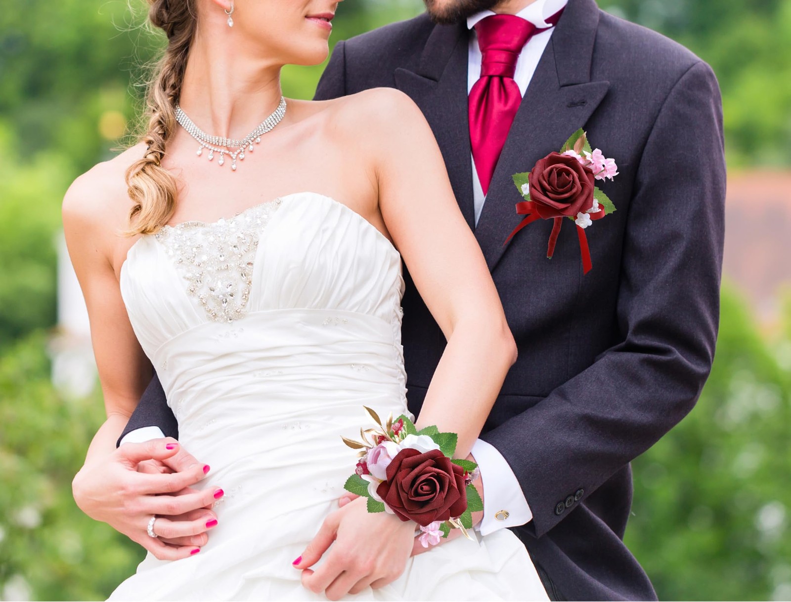 2 PCS Burgundy Red Artificial Foam Rose Wrist Corsage Boutonniere Set Prom