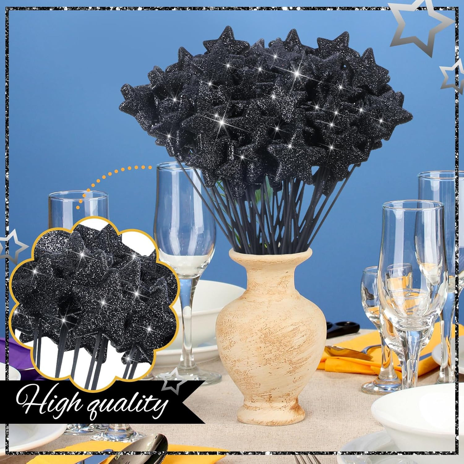 60 Pcs Black Star Floral Picks 8” Glitter Star Centerpiece Table Decor Black Cr