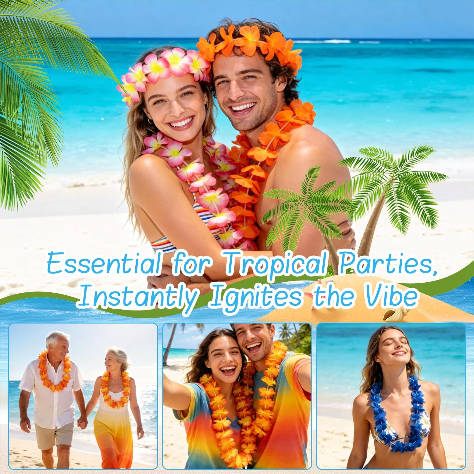 50 PCS Hawaiian Leis Bulk Colorful Tropical Flower Necklace for Luau Party De…