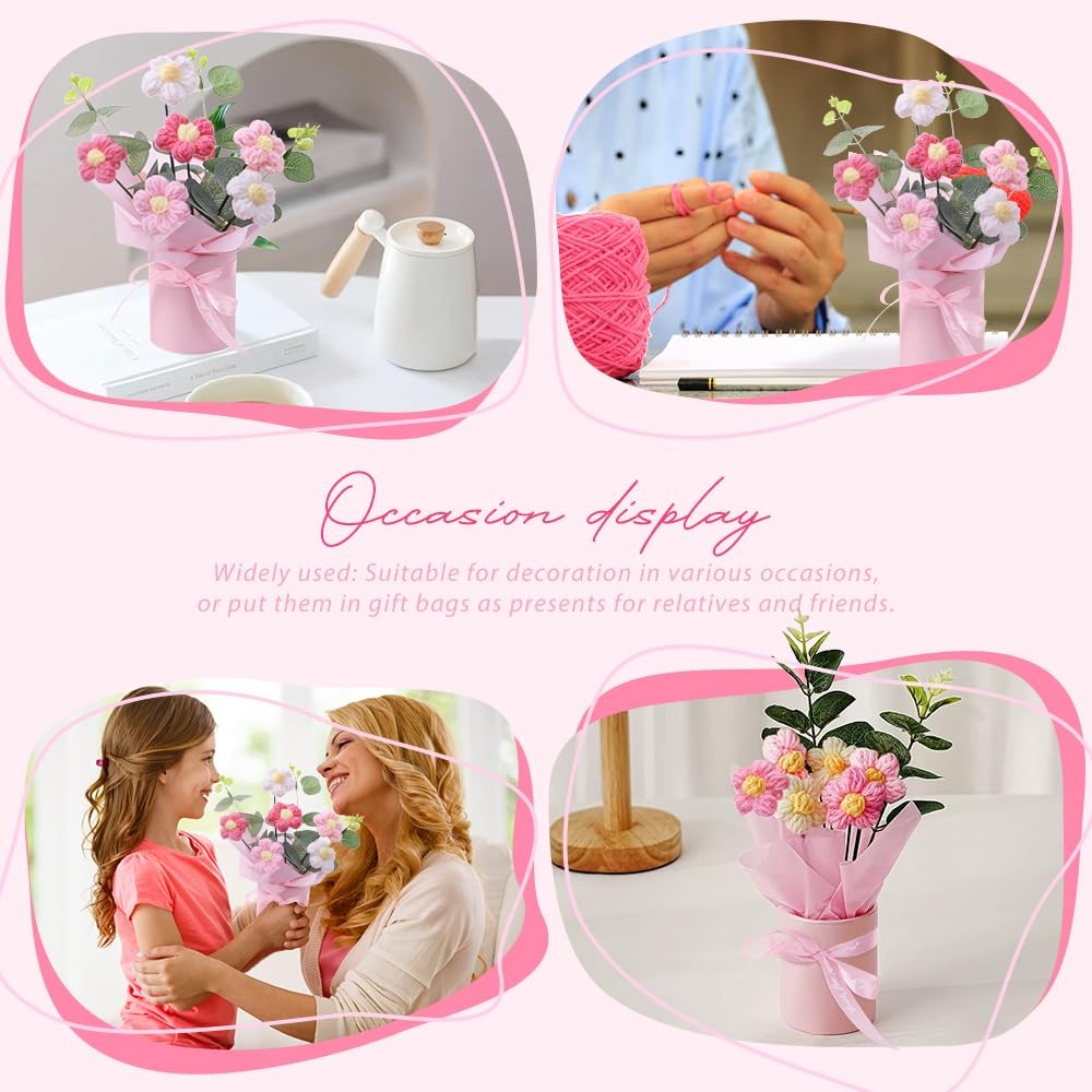 Pink Crochet Flower Bouquet Artificial Knitted Woven Flowers Wedding Home Decor