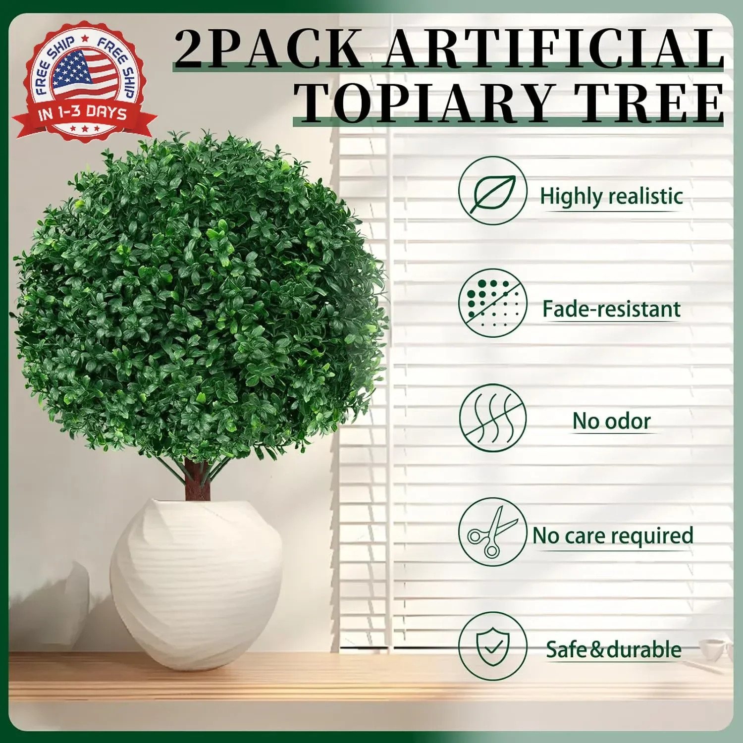 2Pack Artificial Boxwood Topiary Ball Trees, 16” UV Resistant Fake Evergreen Sh