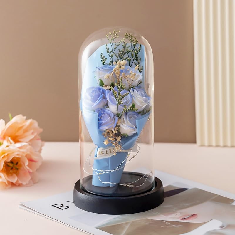 Preserved Artificial Flower Bouquet with Warm White in transparant Dome for C…