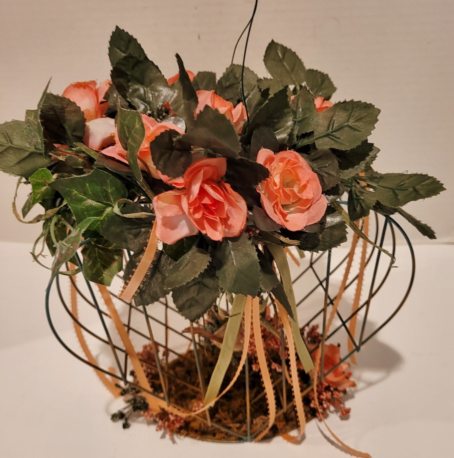 Handcrafted Mothers Day/Spring Arrangement in Green Metal Birdcage~w/Bird~9.5″T