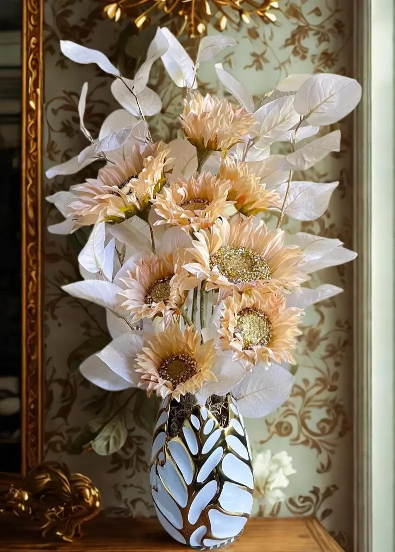 Peach Sunflowers Floral Arrangement: Fancy Table Centerpiece, Modern Home Decor