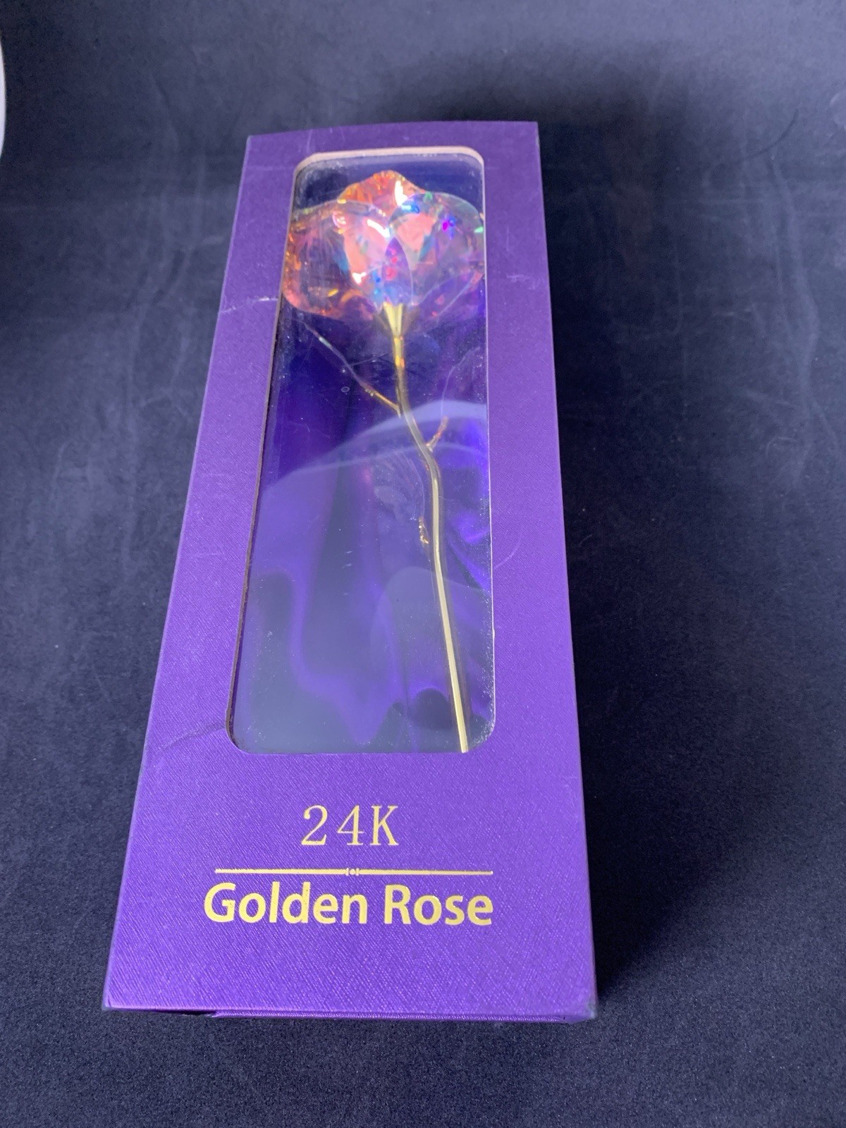 24K Gold Stem Rose Iridescent Petals 9″ Purple Satin Boxed