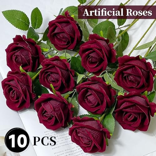 10 PCS Artificial Roses with Long Stems Silk Flowers Realistic Foam Wine Red