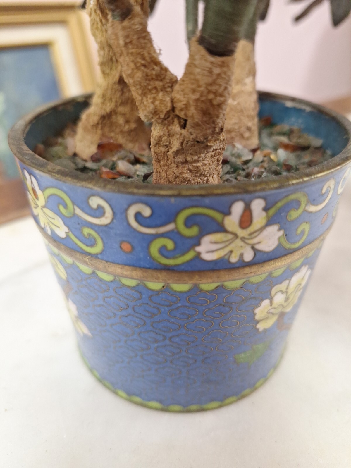 2 Hand Painted Japanese Flower Pots With Artificial Flowers With Jade 3.5″ Diam