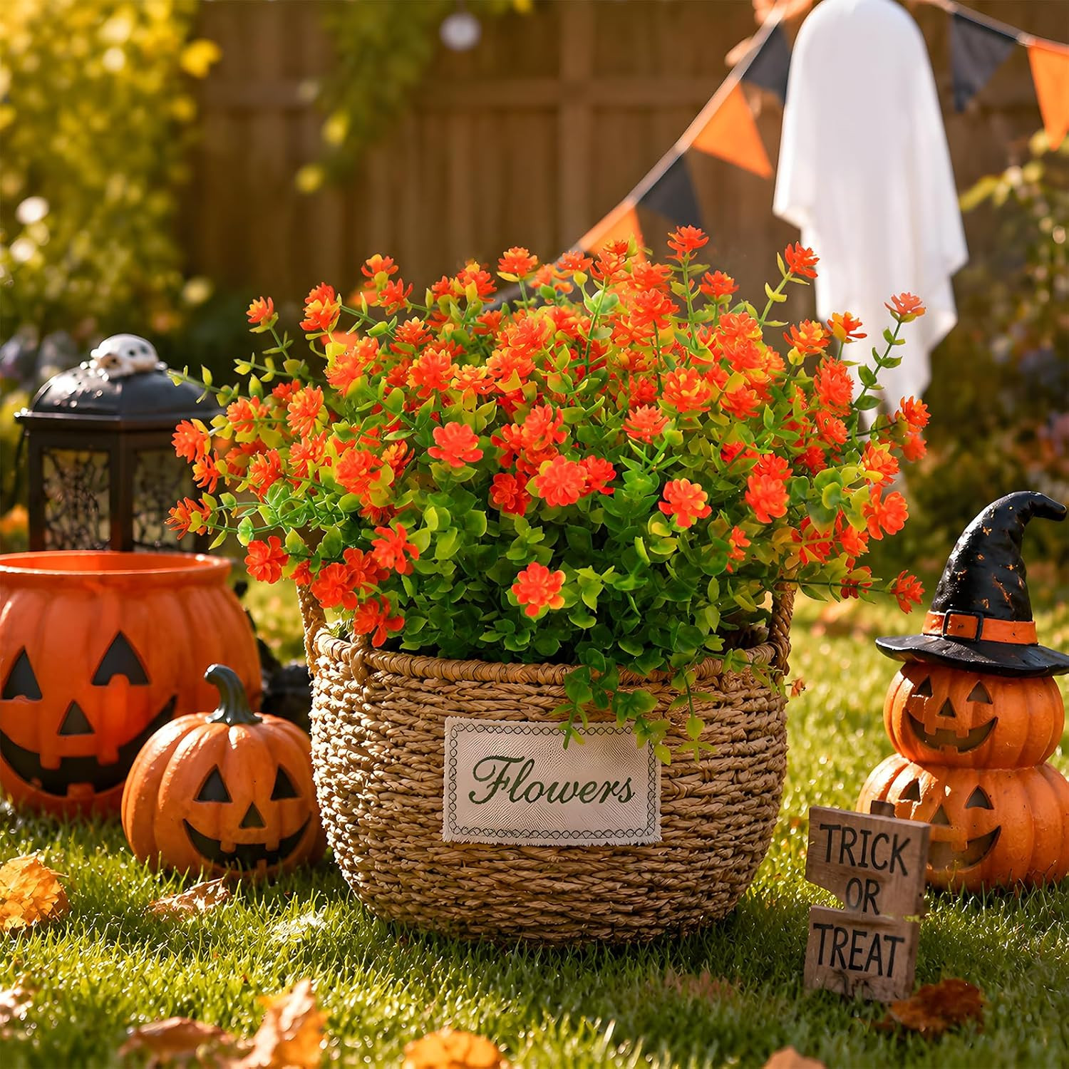 24 Pcs Artificial Mums for Outdoors, Fall Flowers (Orange Red) | No Fade Fake Pl