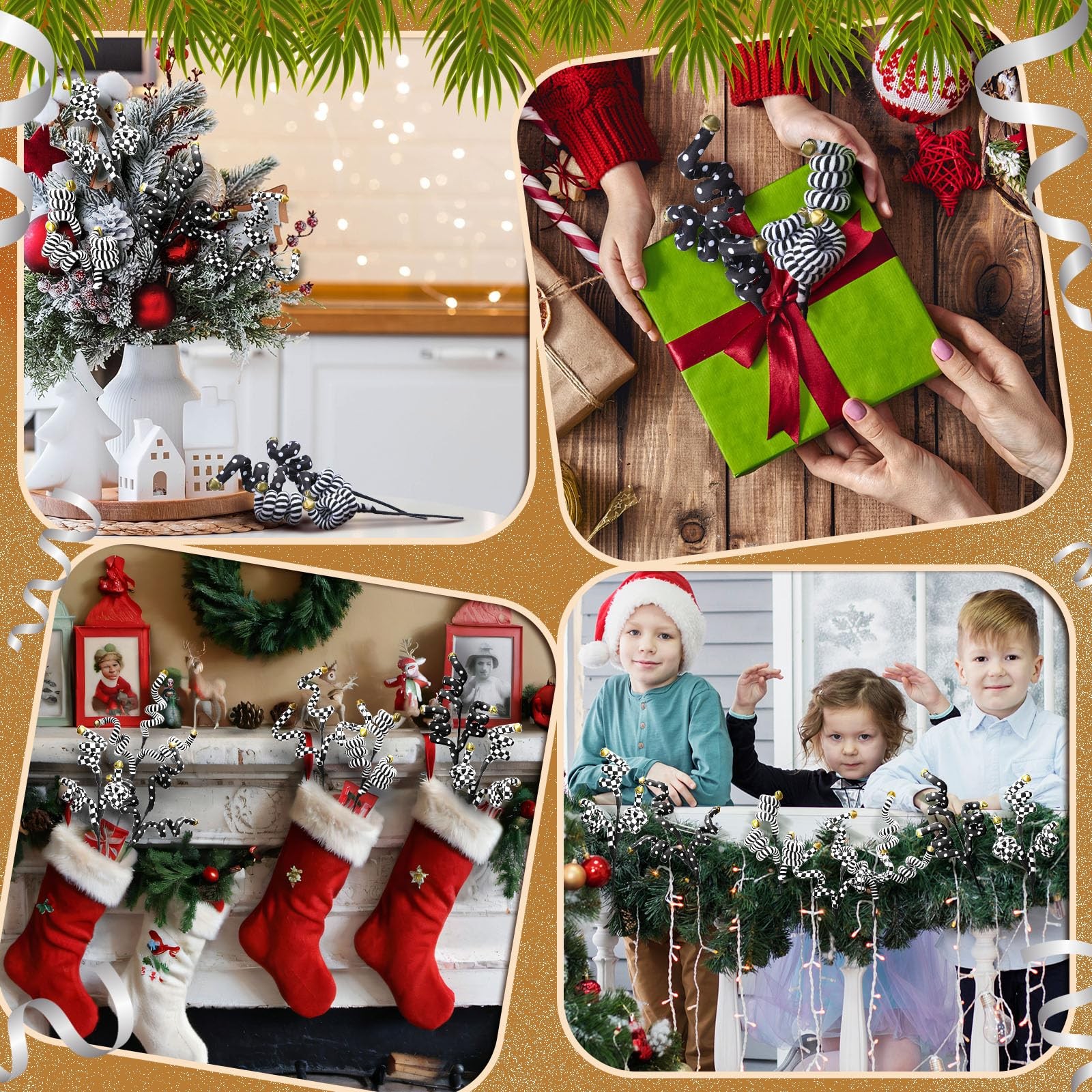6 PCS Black, White Christmas Picks, Woolen Bells, Curly Branches, Ornament