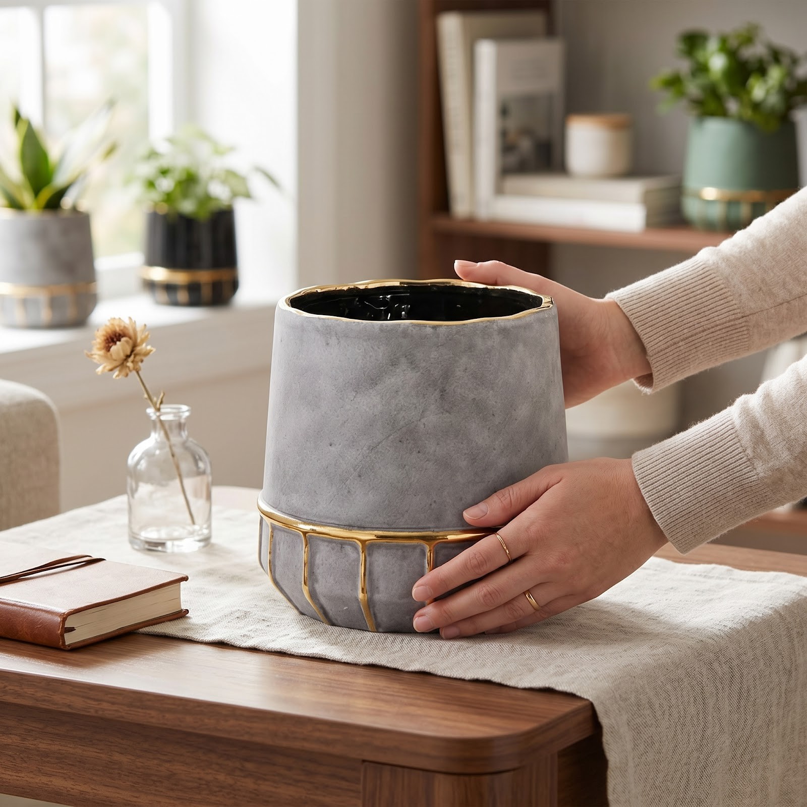 8.5″ Regal Stone Decorative Planter with Gold Accents