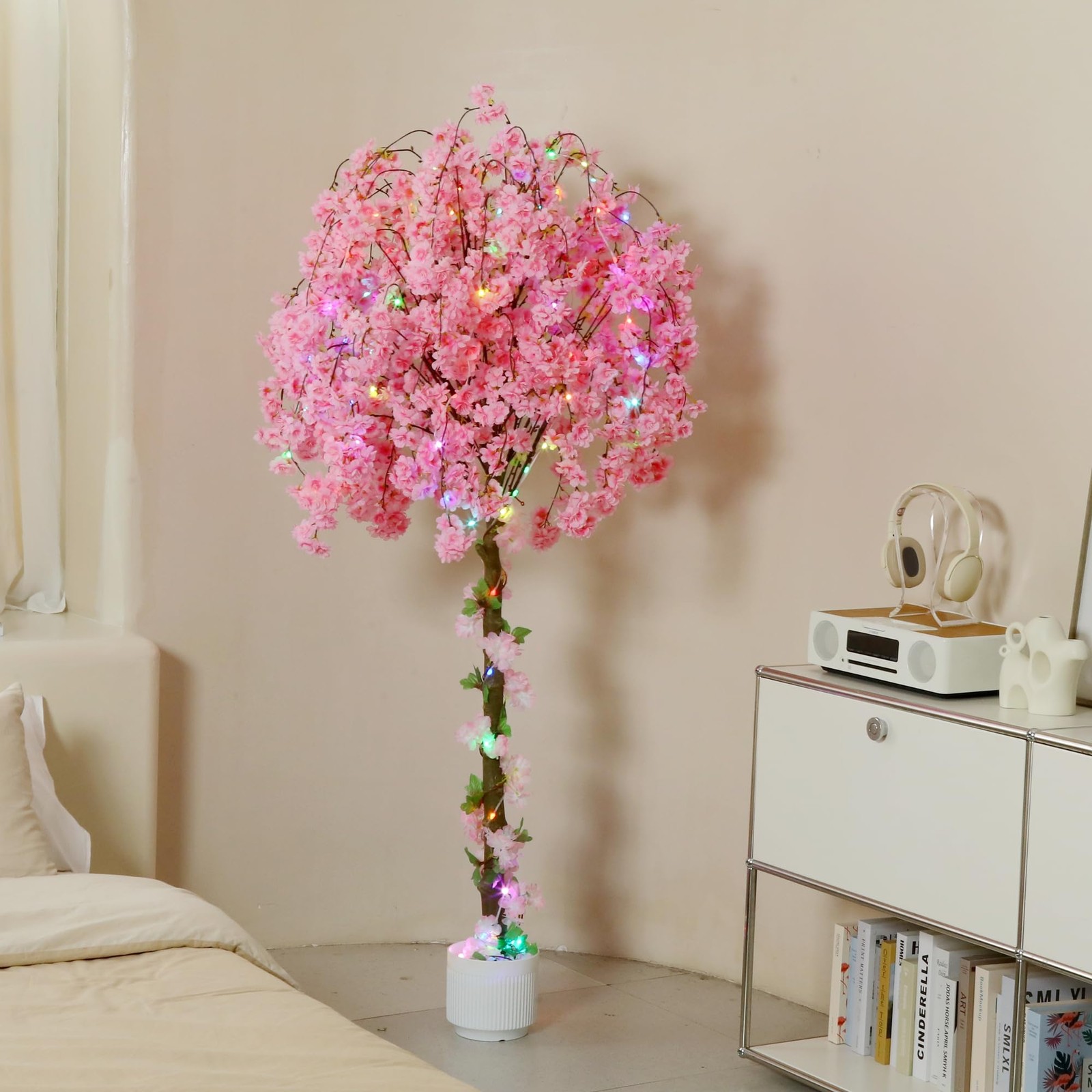 Artificial Cherry Blossom Tree, 6FT Height with 100 LED Lights, Faux Silk Pla…
