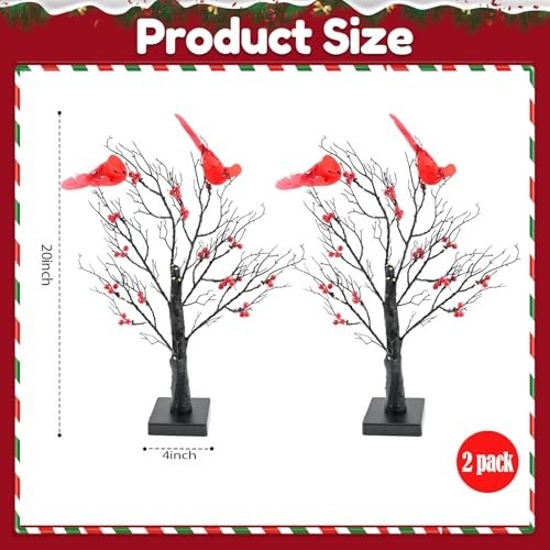 Set of 2 Vintage Glowing Trees with Cardinals, Dual Power USB/Battery Operate…