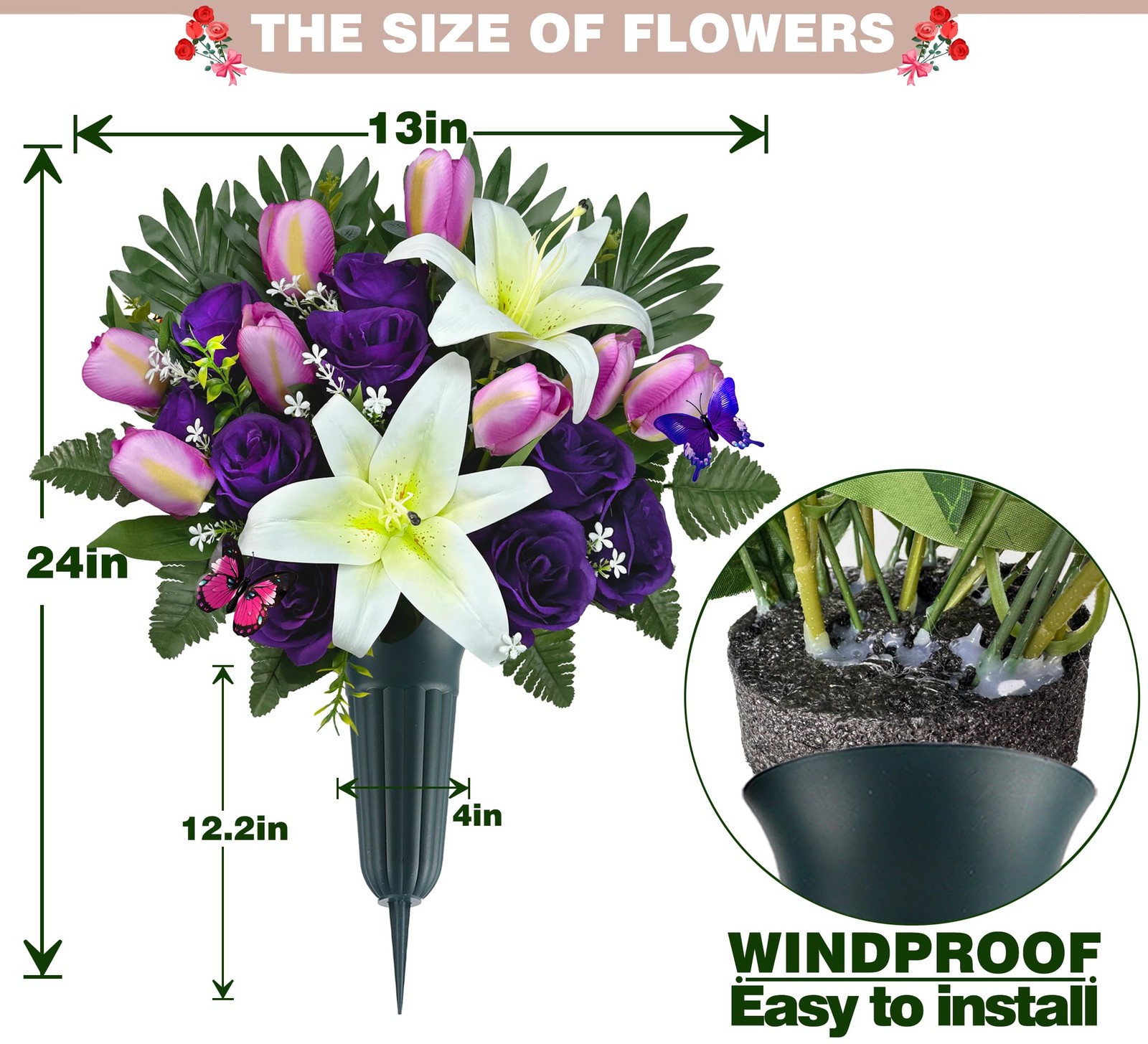 Cemetery Flowers with Vases for Grave Decor, Silk Lily Rose Tulip Headstone F…