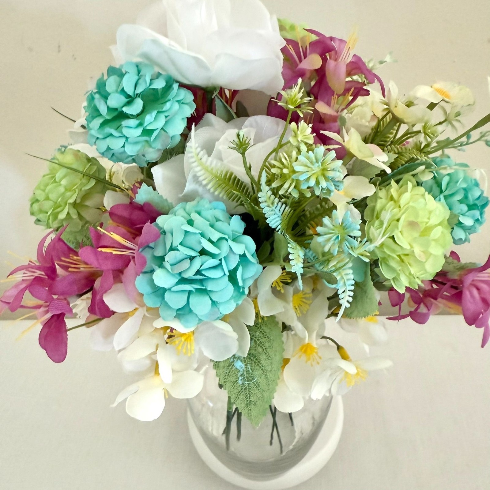 Handcrafted Floral Centerpiece Arrangement Clear Hourglass Vase Upcycled Decor