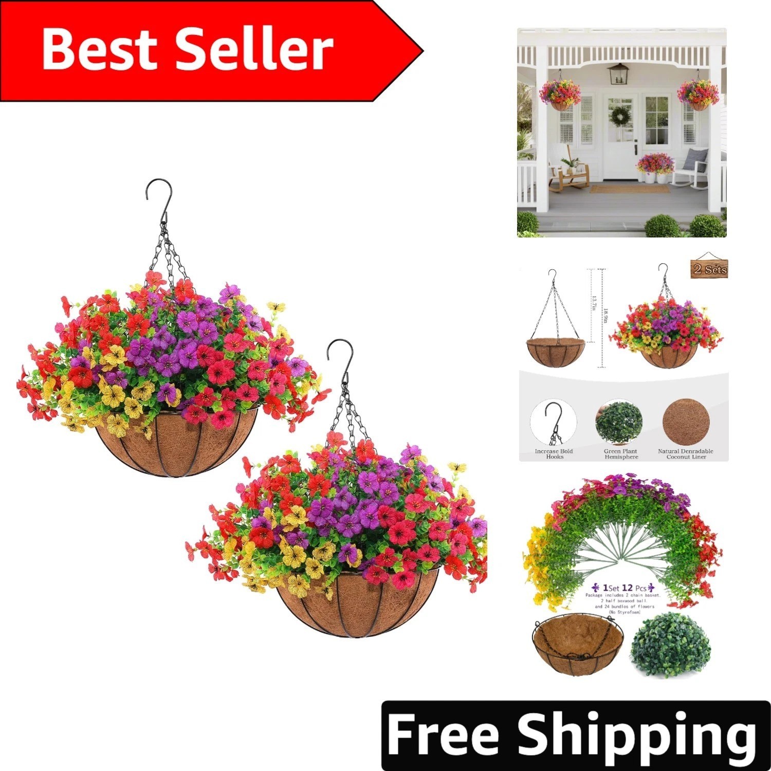 2 Set UV Resistant Artificial Flowers with Hanging Baskets for -Round Charm