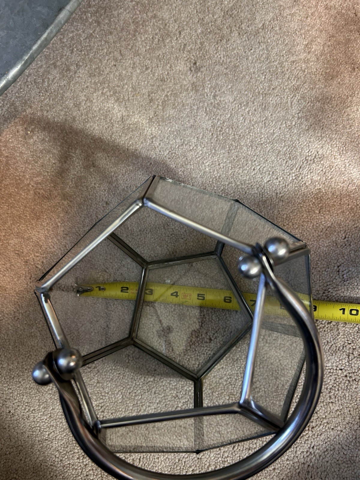 Geometric Glass Terrarium Basket with Metal Handle Pentagonal Display Holder 7”