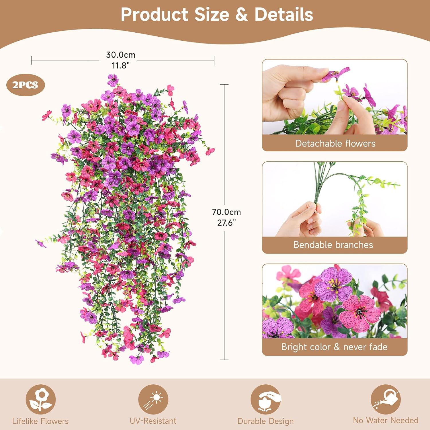 Artificial Hanging Flowers for Outdoors Faux Plants Spring Porch Decor, 2 Pcs