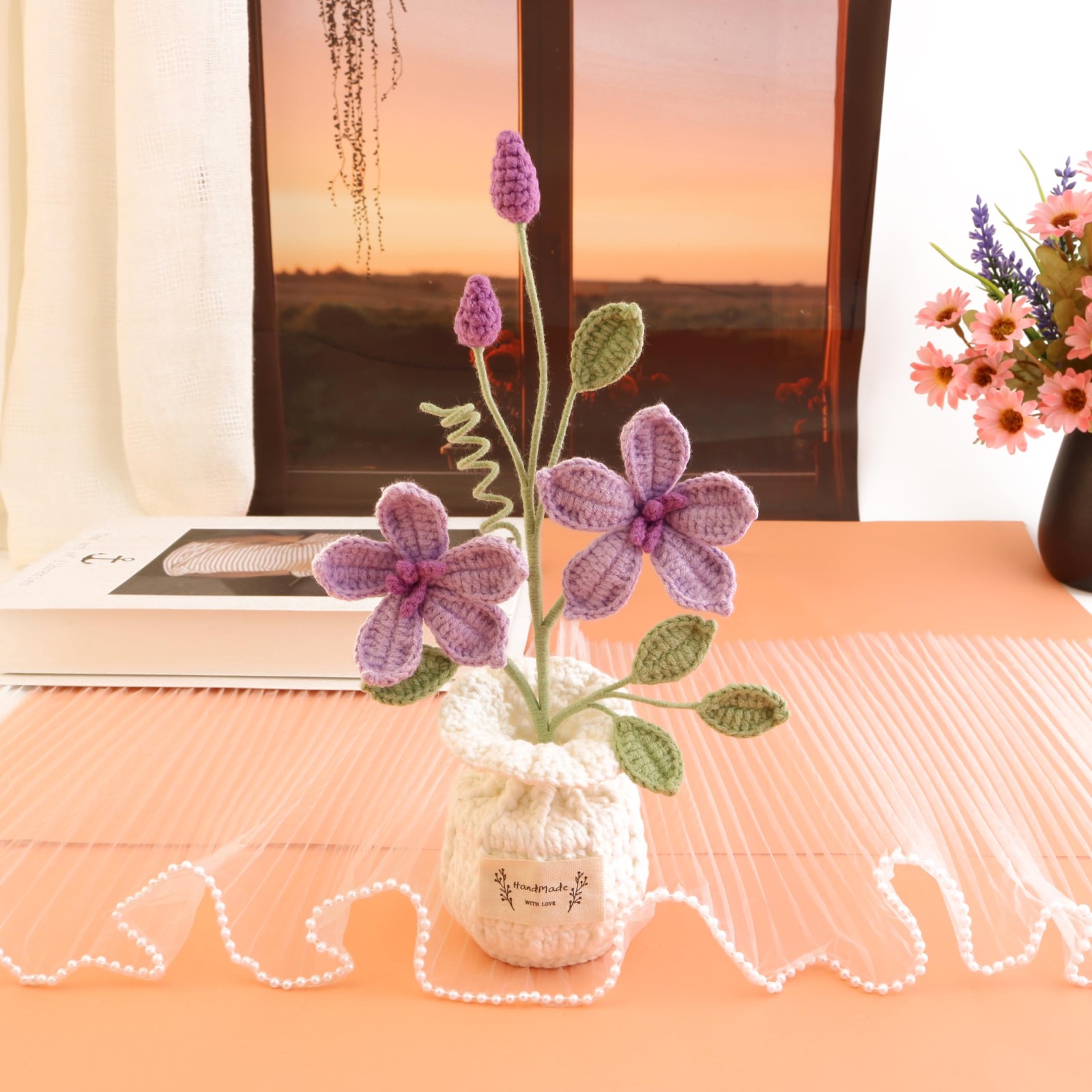 Crochet Tung Blossom Potted Plant – No-Watering Artificial Flower for Desk De…