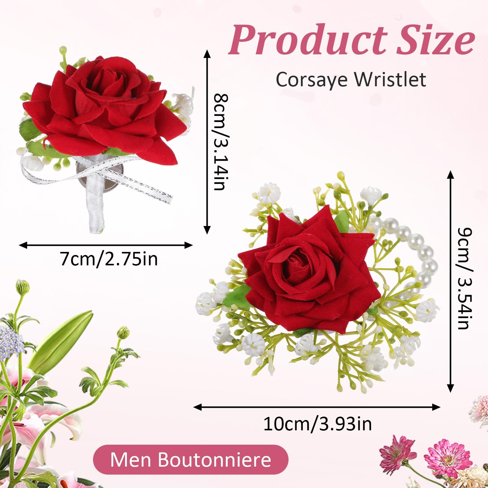 2 PCS Artificial Red Rose Boutonniere Corsage Wristlet Set Prom Wedding Band