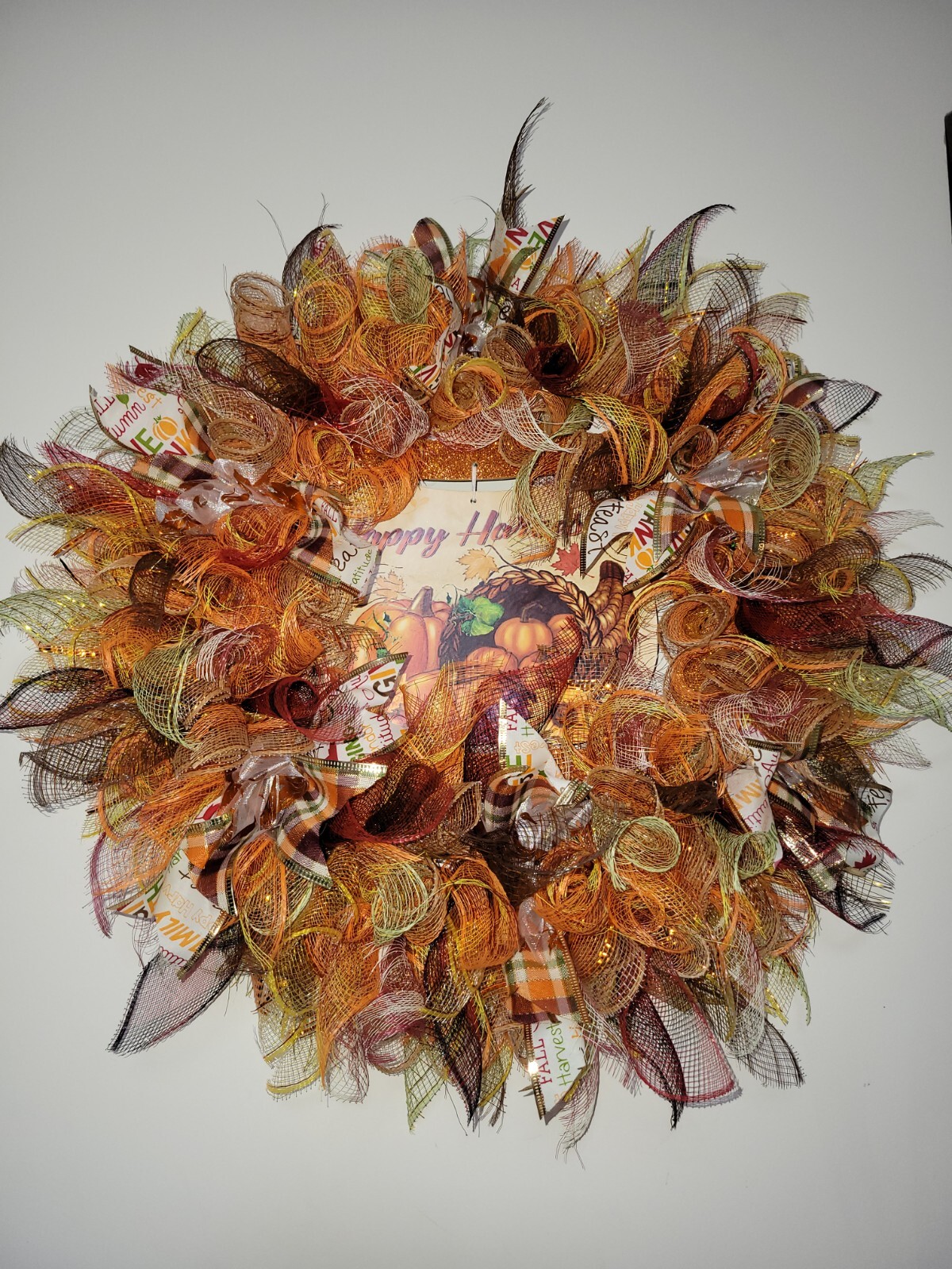 HAPPY HARVEST autumn Spring Mesh Front Door Wreath Wall Decor Bright colors