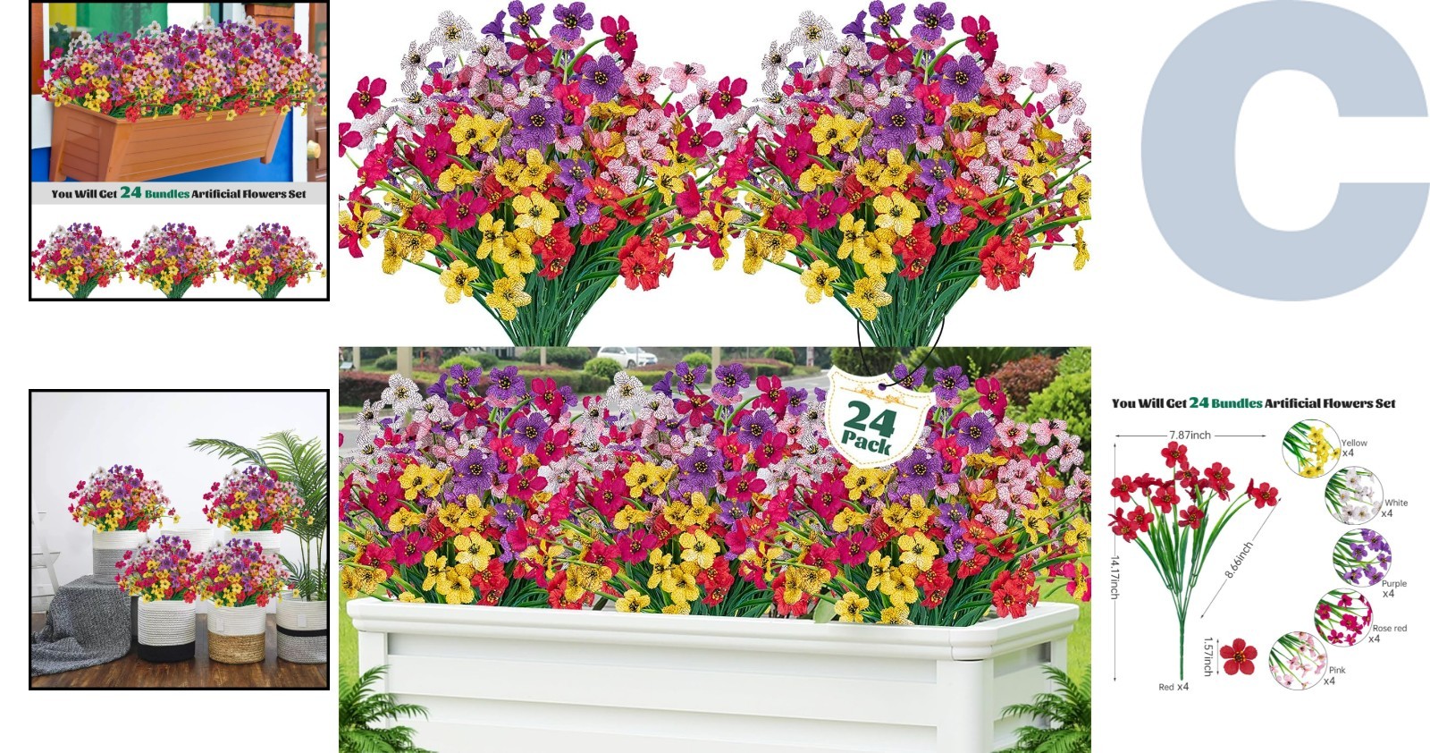 Colorful 24 Pcs UV Resistant Artificial Flowers for Weddings & Home Decoration