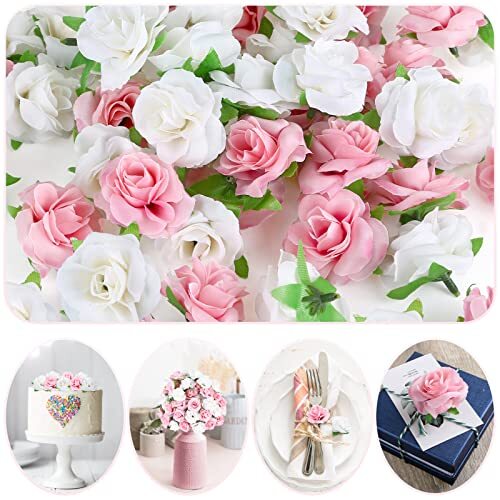 50pcs Mini Rose Artificial Flower Heads, 1.6” Real 1.57 Inch Pink and White