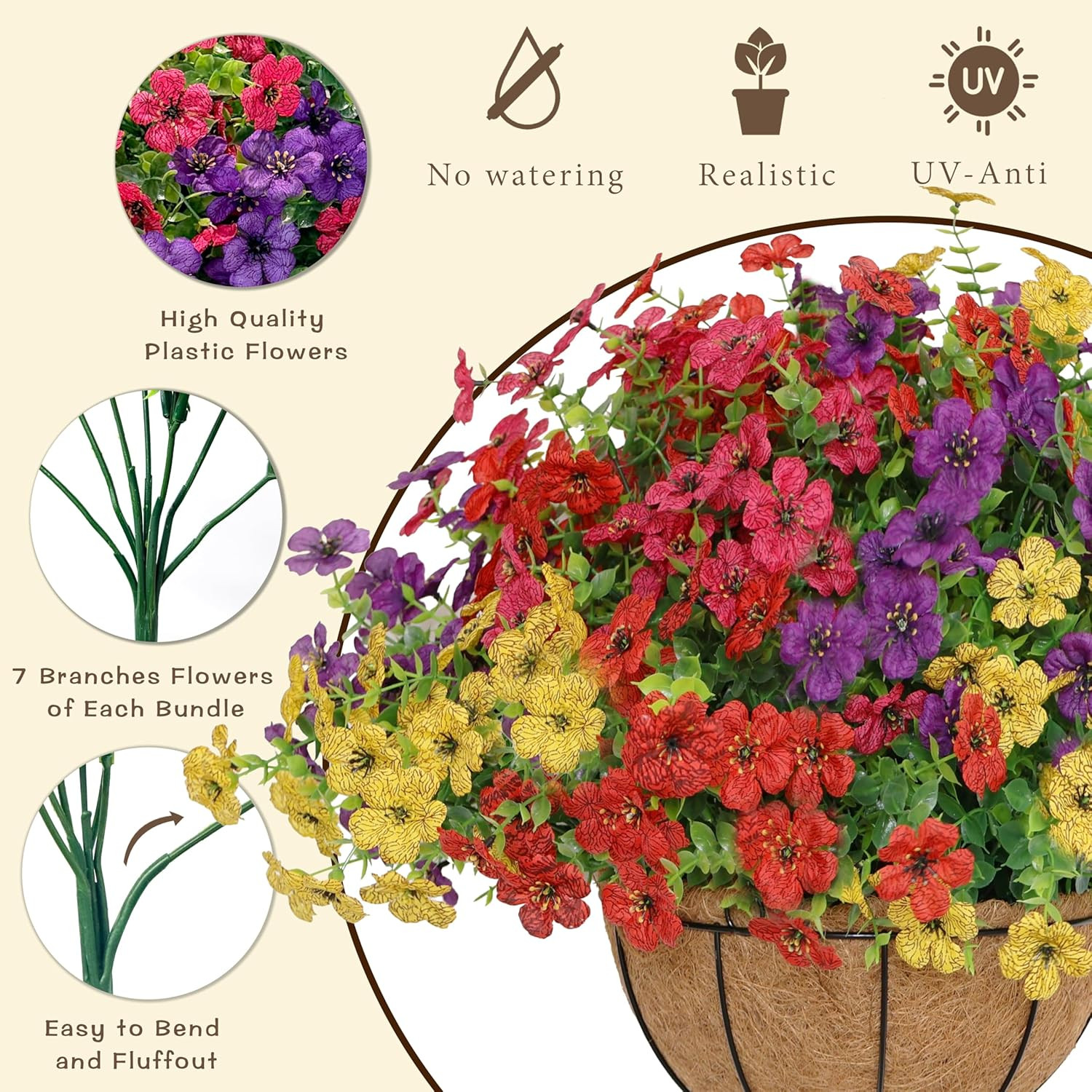 12 Bundles UV Resistant Fake Hanging Flowers with Basket for Outdoor Decor