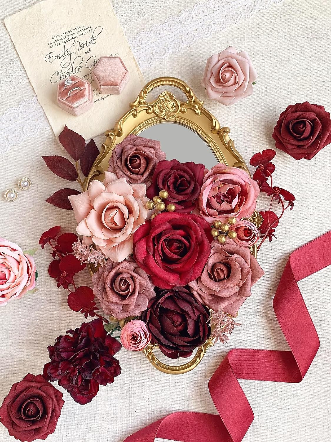 Artificial Burgundy Roses Bulk Fake Flowers Wedding Bouquet DIY Wholesale
