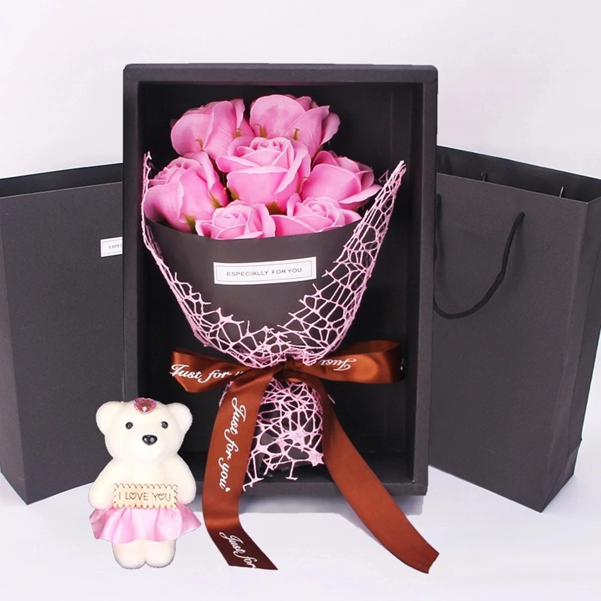 7 Rose Soap Flower Bouquet Bear Gift Box Valentine Birthday Mother’s Day Gift